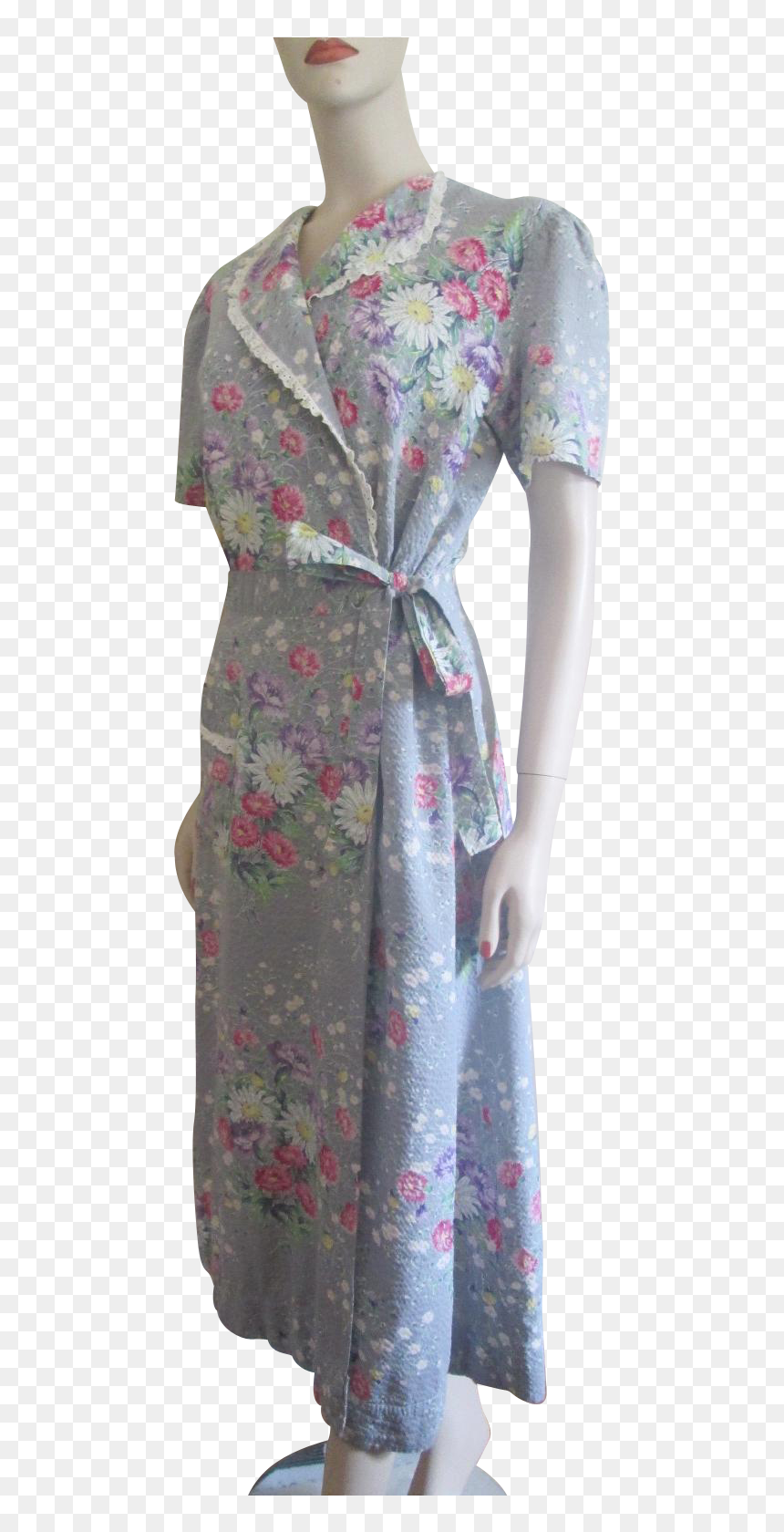 Feedsack Dress Vintage 1930s Grey Floral Lace Trim - Day Dress, HD Png Download - lace trim png