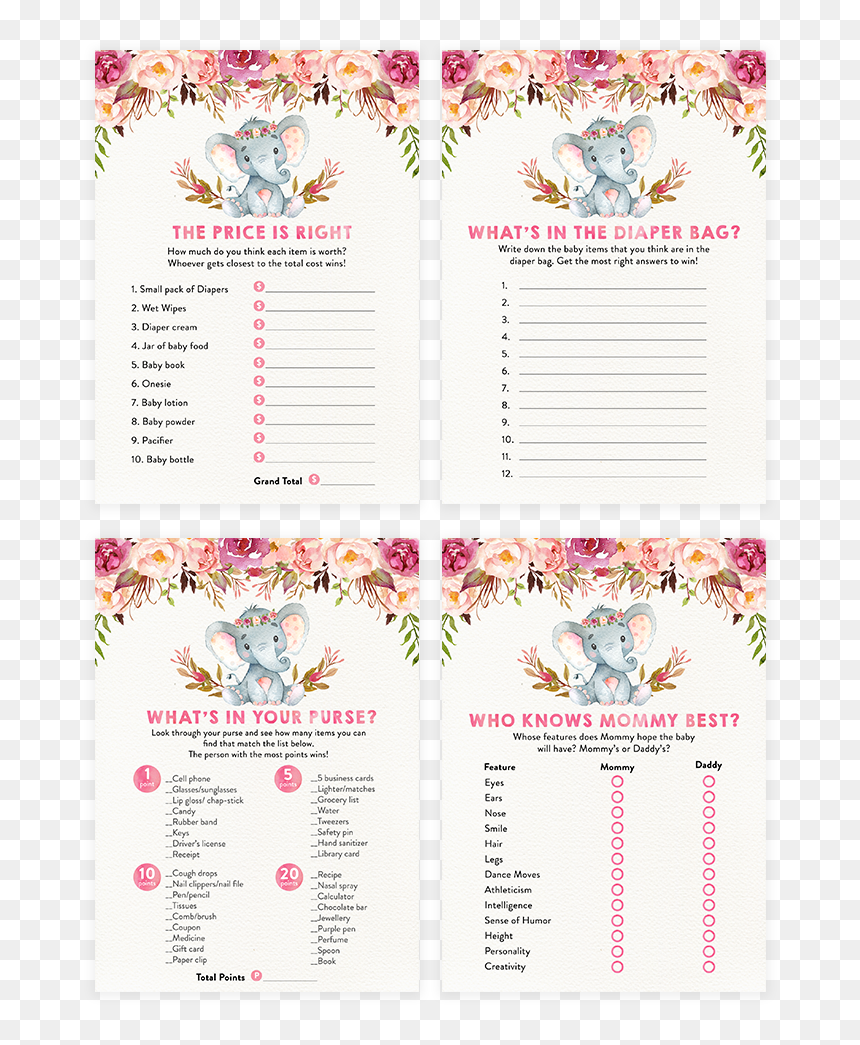 Elephant Floral Boho Baby Shower Game Pack - Boho Floral Elephant Baby Shower Games, HD Png Download - baby shower elephant png