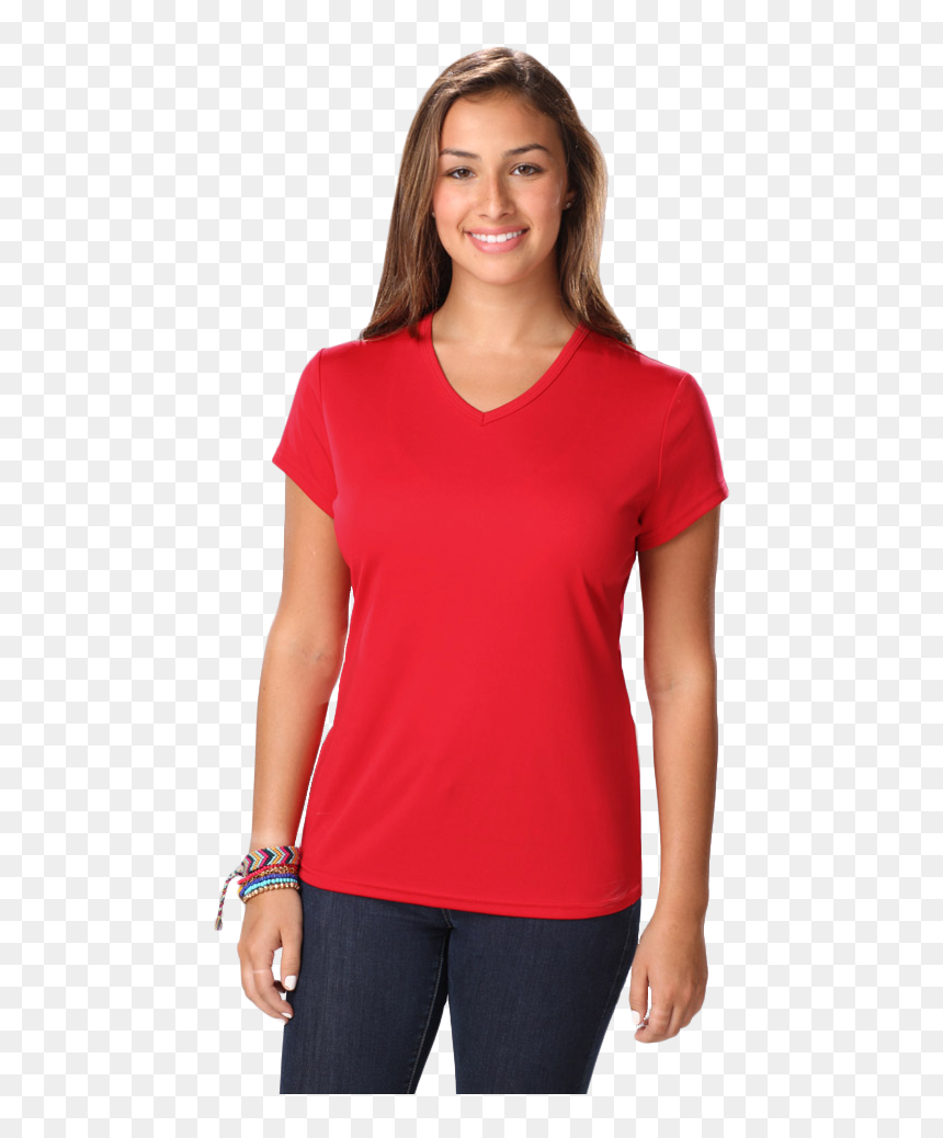 Ladies Value Wicking V Neck T - Female Long Sleeve Orange, HD Png Download - red t shirt png
