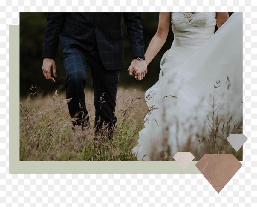 A Bride And Groom Holding Hands Walking Through A Field - Bride, HD Png Download - wedding hands images png
