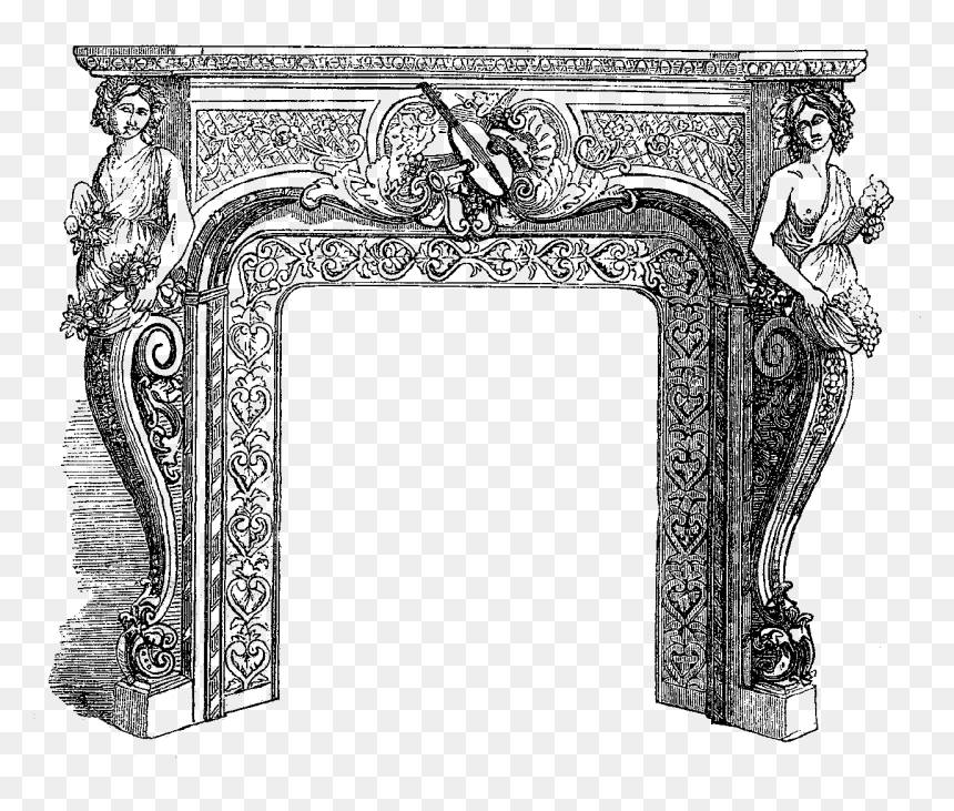 Fireplace Download Image Antique Illustration - Carving Frame Black & White Design Png, Transparent Png - victorian design png