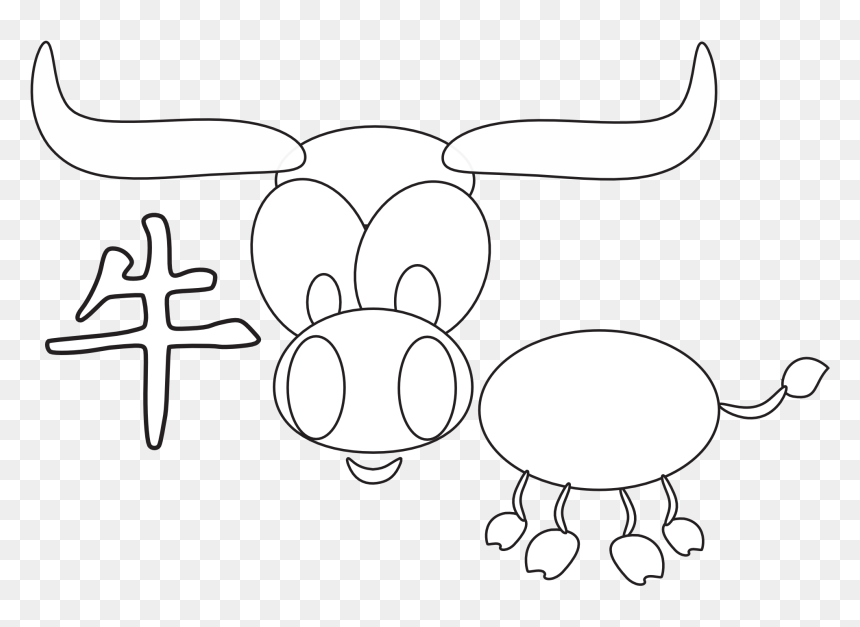 Chinese Horoscope Animal Ox Black White Line Art Chinese - Cartoon, HD Png Download - ox png