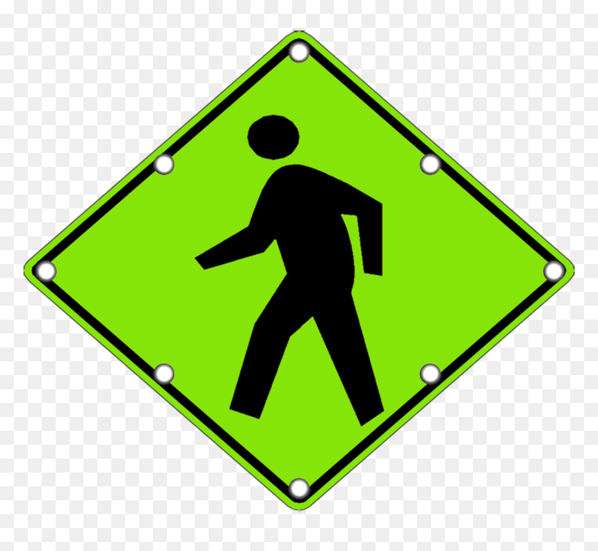 Flashing Led W11-2 Pedestrian Crossing Sign Yg - Green Pedestrian Sign, HD Png Download - railroad crossing sign png