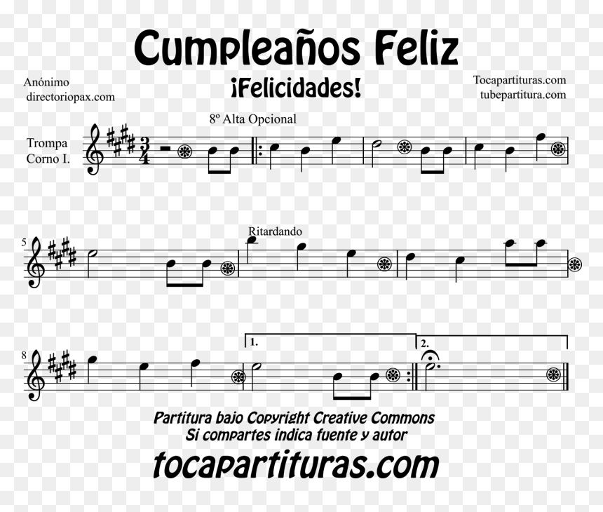 Happy Birthday Sheet Music For Horn, English Horn And - Cumpleaños Feliz Partitura Guitarra, HD Png Download - birthday horn png