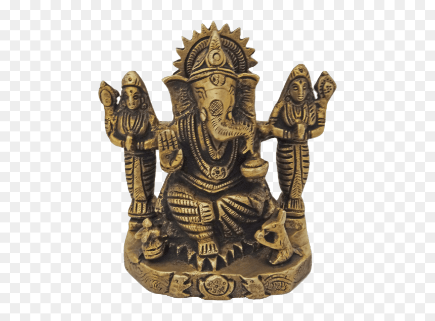 Brass Antique Lord Ganesha With Devi"s Statue 5 Inches - Statue, HD Png Download - lord vinayagar png