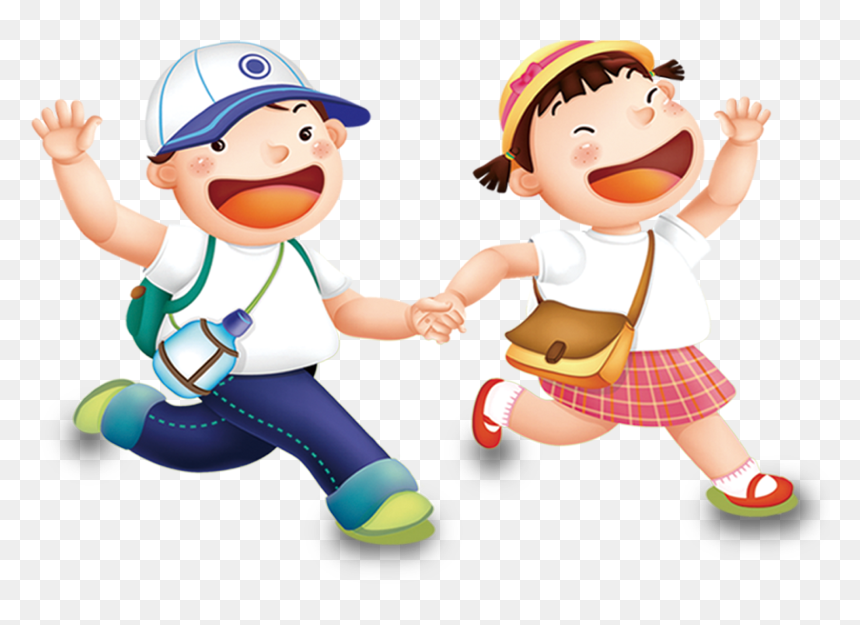 Holding Hands Skipping Cartoon, HD Png Download - school kids png