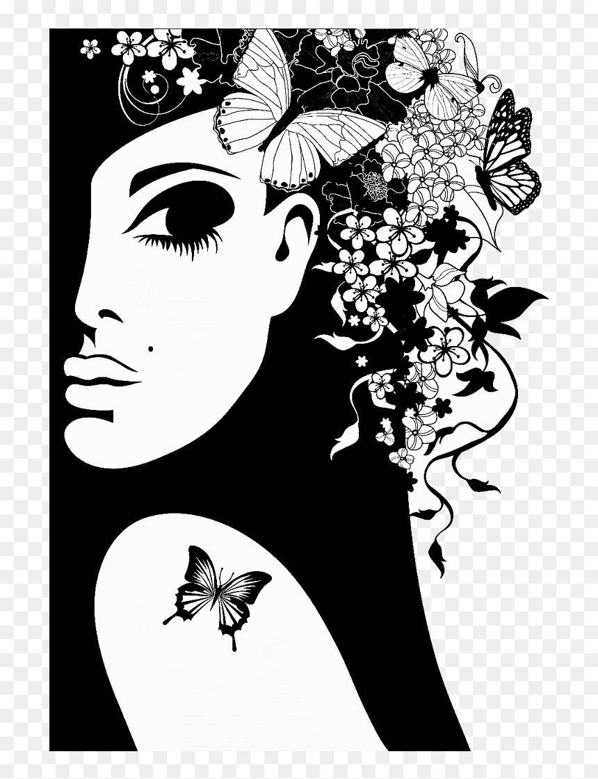 Girl Silhouette, Silhouette Vector, Butterfly Art, - Girl With Flowers And Butterflies, HD Png Download - flowers silhouette png