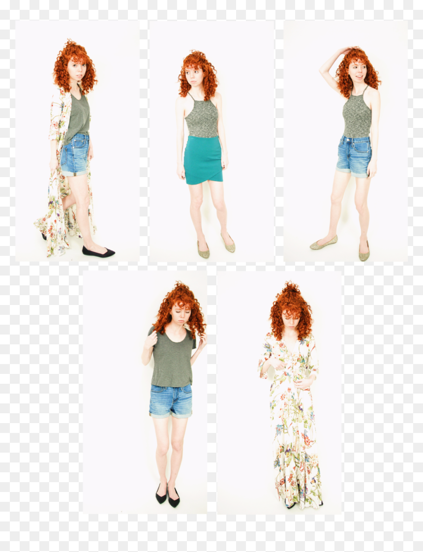 Girl In Floral Maxi Dress, Gray Tee, Jean Shorts, And, HD Png Download - jean shorts png
