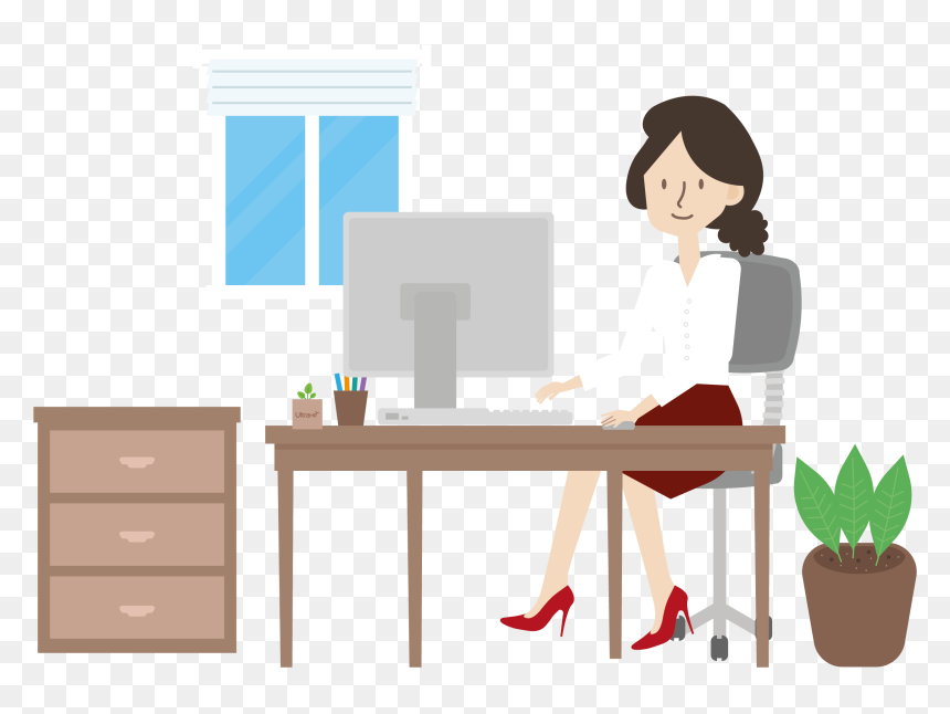 Illustration Of A Woman Sat At A Desk Using Hr Software - Drawer, HD Png Download - cartoon table png