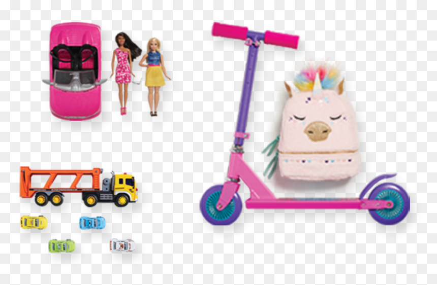 Assortment Of Kids Toys Including A Scooter, Backpack, - Kids Toys, HD Png Download - kids toys png