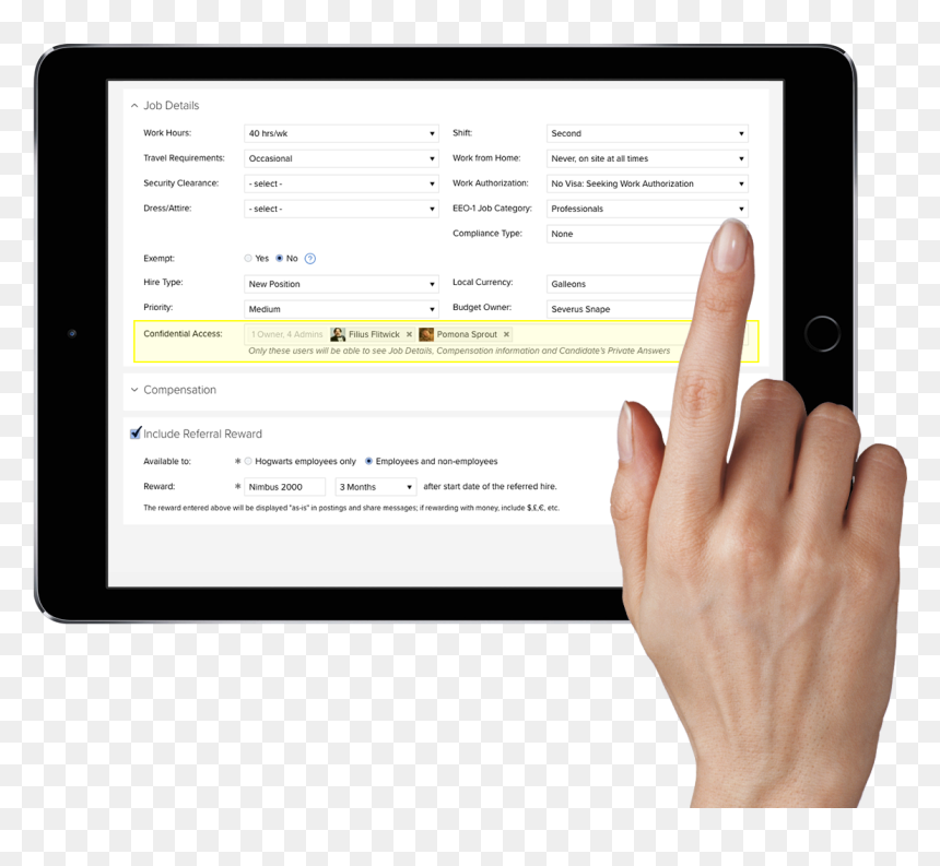 Hand On Tablet Using Job Details And Permissions Page - Tablet Computer, HD Png Download - nimbus 2000 png
