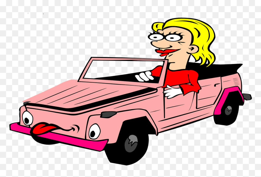 Cabriolet,cartoon,blond Woman,tongue,pink,red Dress,ugly, - Drive A Car Cartoon, HD Png Download - cartoon tongue png