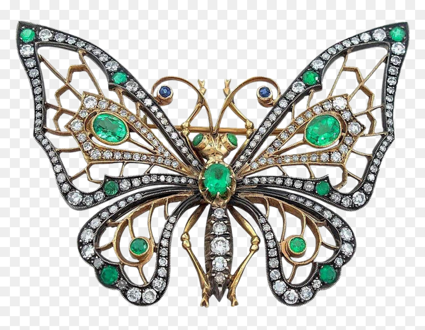 Emerald Diamond Silver And 14 Karat Gold Butterfly - Brooch, HD Png Download - gold butterfly png