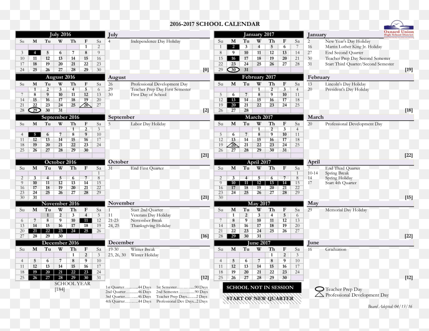 Printable Blank School Calendar Main Image - Oxnard High School Calendar 2019, HD Png Download - 2016 calendar png file
