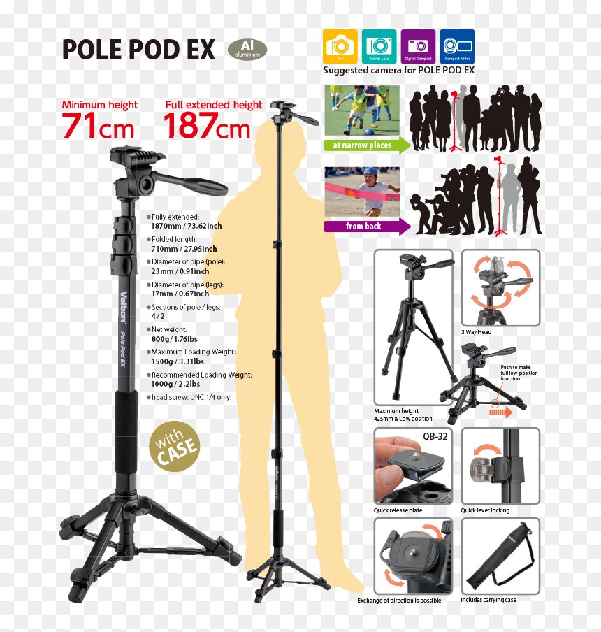 Velbon Pole Pod Ex, HD Png Download - camera with tripod png