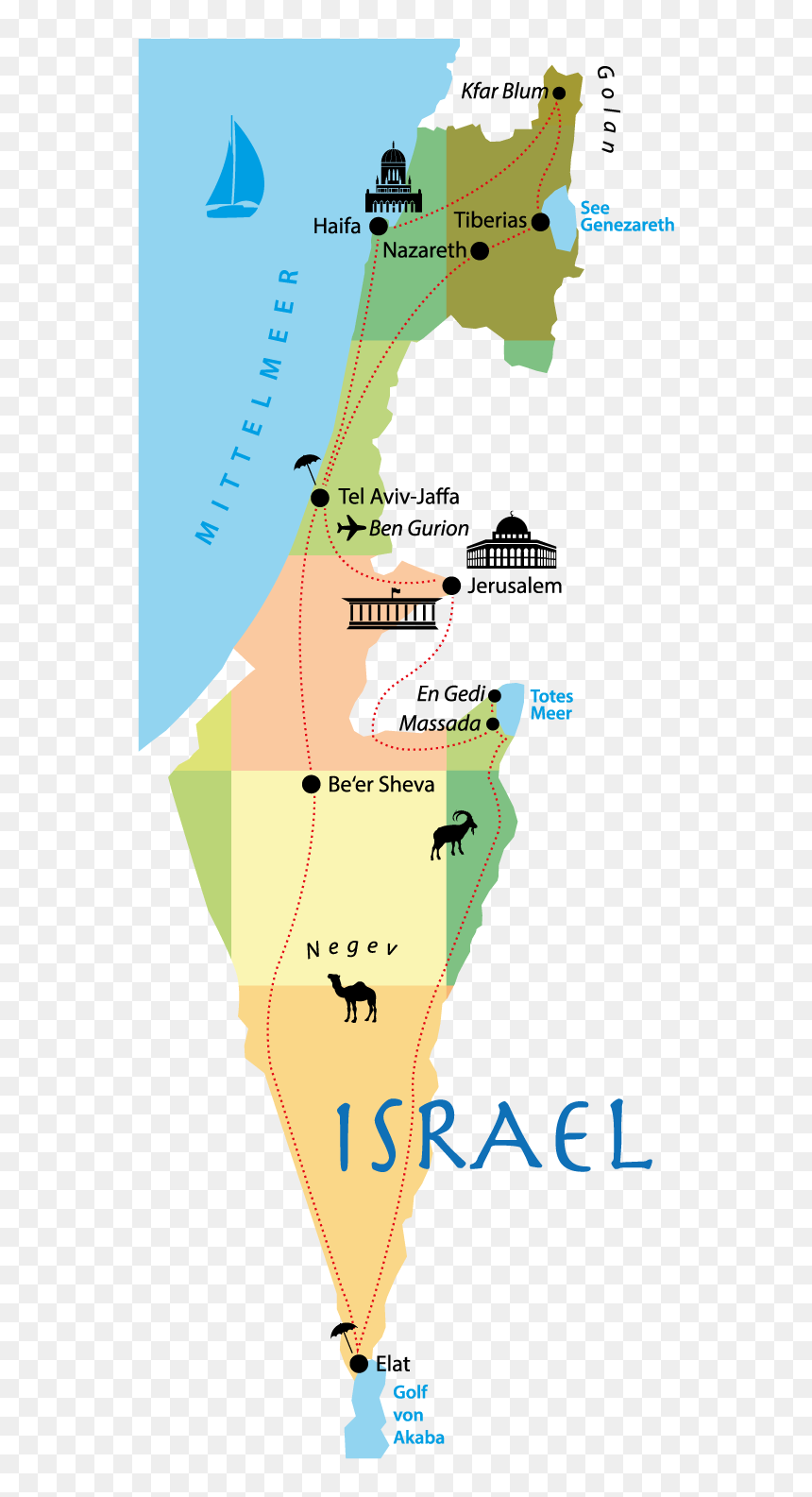 Israel Rundreise Route, HD Png Download - israel map png