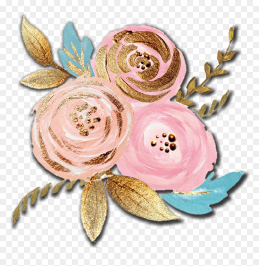Pink And Gold Watercolor Flowers, HD Png Download - gold flowers png