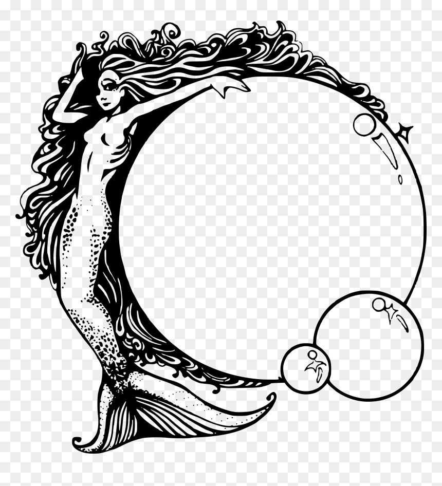 Art Nouveau Black And White, HD Png Download - mermaid drawing png